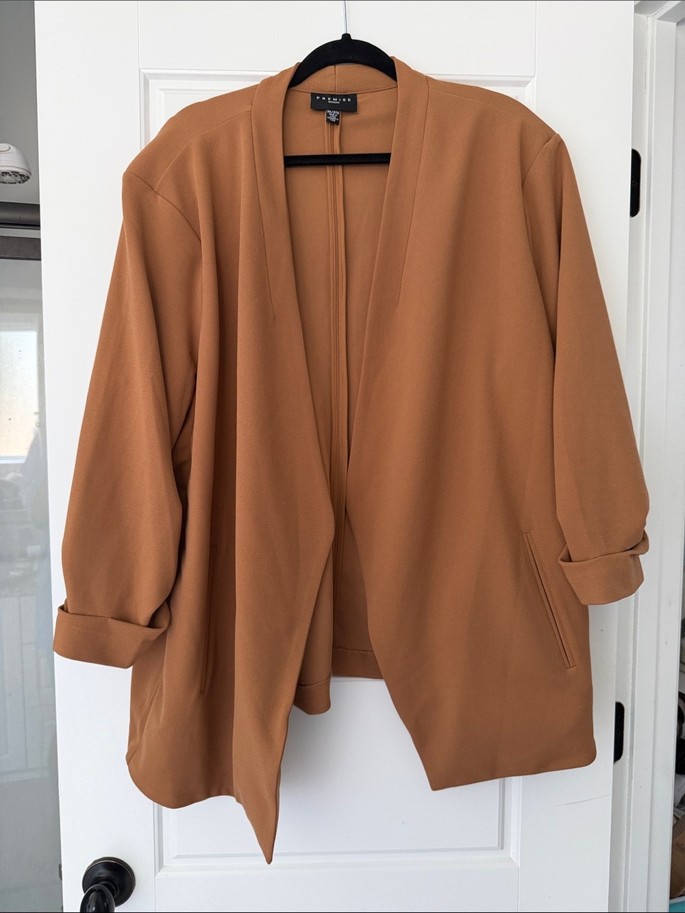 Premise Open-Front Draped Blazer in Camel